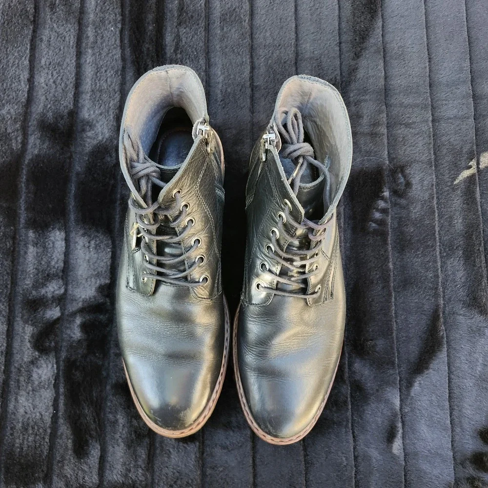 (B2) Mark Nason Los AngelesBlack Leather Lace-Up Boots with Side Zip-Men's 10